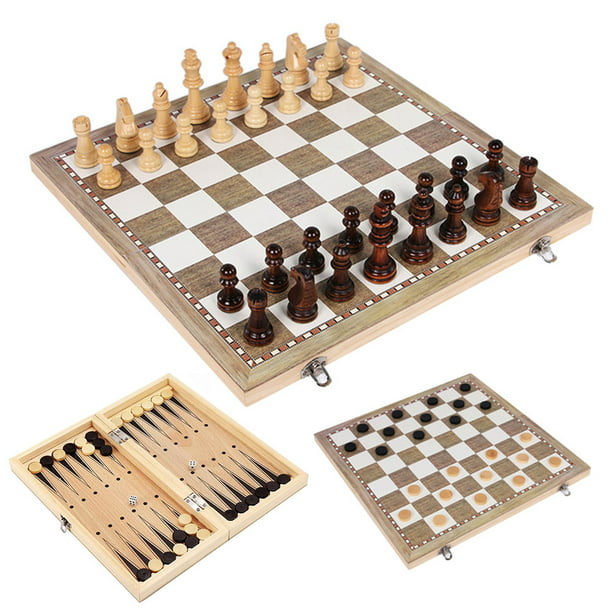Solid Wood 3-in-1 Chess Checkers Backgammon Board Game Combo Table